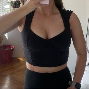 Alo Yoga Black Ribbed Sweetheart Workout Top with Built-In Bra